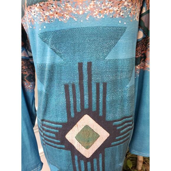 A-Line Dress Women's 2XL Blue Geo Print Stretch Long Sleeve V Neck Side Pockets - Picture 9 of 13